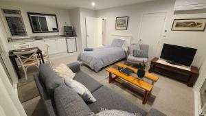a living room with a couch and a bed at Stylish Matua Apartment in Tauranga