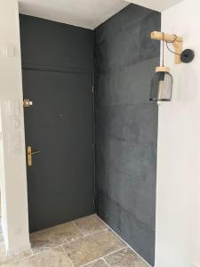 a bathroom with a black wall and a door at Saint-Laurent-20 min Lyon-proche Aéroport-Eurexpo in Saint-Laurent-de-Mure