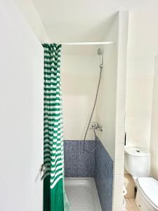 baño con ducha con cortina verde y blanca en Madrid Rio Antonio López B, en Madrid