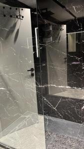 una puerta de cristal en un baño de mármol negro en Résidence Gray d'Albion Studio DEL562, en Cannes