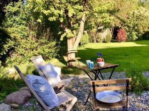 two chairs and a table in a garden at StrandGlück in Kleinwaabs +22 photos