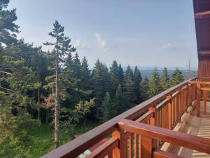a balcony of a cabin with a view of trees at Art Studio Borovets Semiramida in Borovets