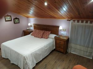 een slaapkamer met een bed en een houten plafond bij Alojamiento Rural Huerto del Francés Dormitorios y baños disponibles según nº de huéspedes in Pegalajar