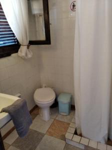 a bathroom with a toilet and a shower curtain at Ioanna's house #dialiskari1# in Limnionas
