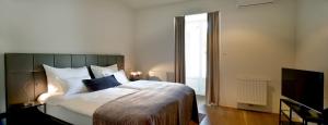 a bedroom with a large bed and a television at Hotel Maribor, City apartments in Maribor