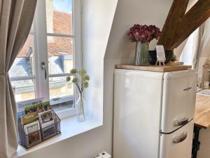 una nevera blanca en una cocina junto a una ventana en Home - Le repère des sommeliers, en Auxerre