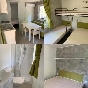 a room with a bed and a kitchen and a bathroom at Campeggio Madonna Del Ghisallo in Magreglio