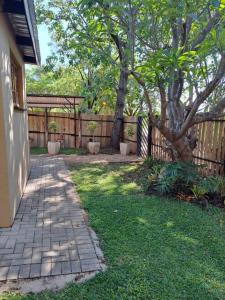 a backyard with a wooden fence and a tree at Wild Fig Accommodation in Tzaneen