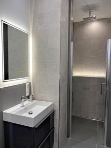 a bathroom with a sink and a shower at Lovely Apartment in Fürth nähe Hauptbahnhof in Fürth +5 photos