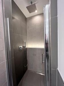 a shower with a glass door in a bathroom at Lovely Apartment in Fürth nähe Hauptbahnhof in Fürth