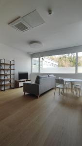 uma sala de estar com um sofá e uma mesa em Apartamentos Pillotegi parking gratuito em San Sebastián