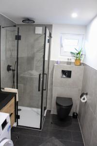 a bathroom with a shower and a black toilet at Hausboot - Nordsonne 11 in Wangerland