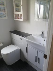 a white bathroom with a toilet and a sink at Hawthorn Hot tub Lodge Northumberland in Newton on the Moor