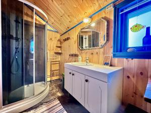 uma casa de banho com um lavatório, um chuveiro e um espelho. em Kleivan Cabin Lofoten em Kvalnes