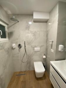 y baño con ducha, aseo y lavamanos. en Tirana Apartment, en Tirana