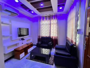 een paarse kamer met 2 stoelen en een tv bij Bwawani Gardens in Songea