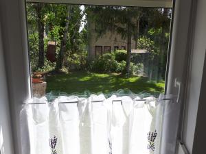 a window with a white curtain and a yard at Borbála Vendégház Igal in Igal