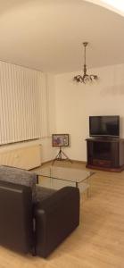 a living room with a tv and a glass table at Jugendstilvilla voll renoviert in Falkenstein
