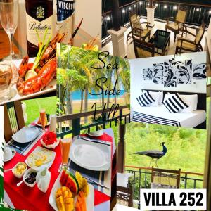a collage of photos of a restaurant with a table with food at Villa 252 Kosgoda in Kosgoda
