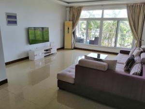 a living room with a couch and a tv at Blessie Ocean View Home in Dar es Salaam
