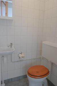 a bathroom with a toilet with a wooden seat and a sink at Natascha 6pers House Near Lauwersmeer National Park in Anjum +26 photos