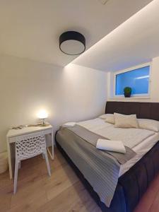 a bedroom with a bed and a table and a window at Haas Apartments Slepa, city centre, parking, courtyard in Brno