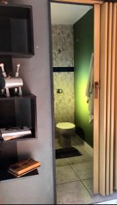 a bathroom with a toilet and a green wall at RustiCidade in São Paulo