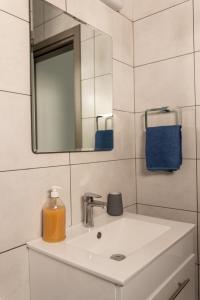 ein Bad mit einem Waschbecken und einem Spiegel in der Unterkunft Διαμερισμα 1 υπνοδωματίου in Aglantzia