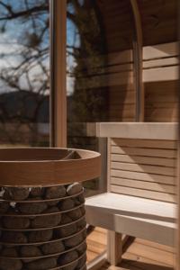 a view of a window with a bench next to it at Apartment Søglas in Gmund am Tegernsee