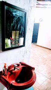 a red sink in a bathroom with a tv on the wall at Rooftop Floor with a big Room in New Delhi