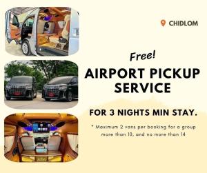 an advertisement for an airport pick up vehicle for nights min stay at RoofTop Paradise, Newly Built Home. 5 mins walk to Lumphini Park. 900meters to ChidLomBTS in Bangkok