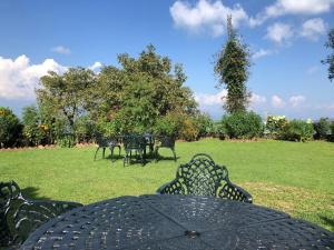 una mesa negra y sillas en un campo de hierba en Chevron Eco Lodge Kausani, en Kausani