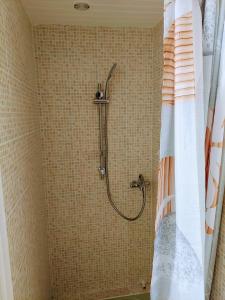 um chuveiro na casa de banho com uma cortina de chuveiro em L'escapade Fourasine - Heart of Fouras em Fouras