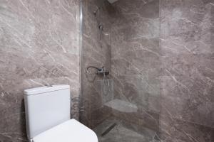 La salle de bains est pourvue d'une douche et de toilettes. dans l'établissement Modern Residence Near Mall of Istanbul and Metro, à Istanbul