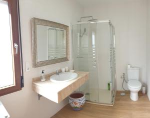 een badkamer met een wastafel en een glazen douche bij Casa de Pueblo en Ossa de Montiel in Ossa de Montiel
