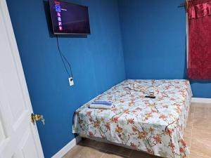 a blue room with a bed with a tv on the wall at Apartamento La Estrella in El Remate
