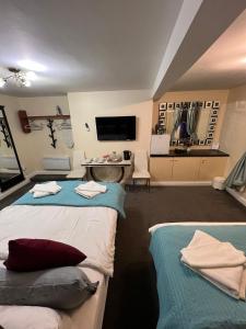 a room with two beds and a tv on the wall at ABBEY HOLIDAY ACCOMMODATiON in Whitby