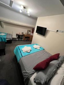 a bedroom with a bed with a tv on the wall at ABBEY HOLIDAY ACCOMMODATiON in Whitby