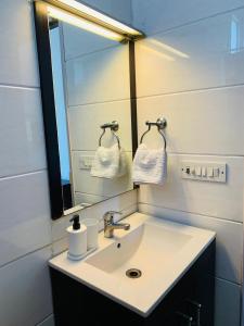 a bathroom with a sink and a mirror at Vandana's Bed and breakfast in New Delhi
