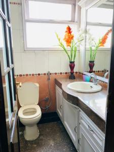 a bathroom with a toilet and a sink and a window at Vandana's Bed and breakfast in New Delhi