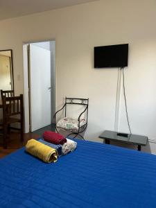 um quarto com uma cama azul com duas almofadas em Marítima mono ambiente em Necochea