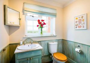a bathroom with a toilet and a sink and a window at Croft House Sleeps 8 ꕤ Country Views nr Salisbury in Salisbury +17 photos