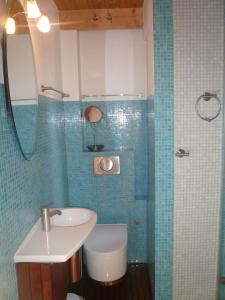ヴェスターラントにあるHaus-Hookipa-App-2の青いタイル張りのバスルーム(洗面台、トイレ付)
