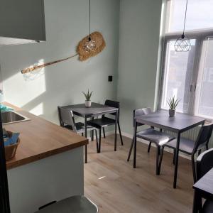 Villa Insulinde في شيفيننغن: طاولتين وكراسي في غرفة مع مطبخ