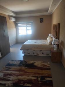 1 dormitorio con cama, ventana y alfombra en Brand new crane Apartments en Lenasia