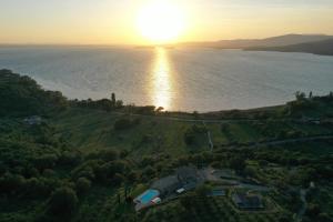 z góry widok na dom na wzgórzu nad wodą w obiekcie Luxury Estate Villa Trasimena Lake w mieście Magione
