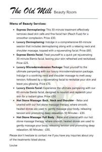 a document with the old mill beauty room at East Bridgford Summerhouse Inc Spa and Treatments in East Bridgford