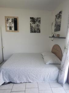 a bedroom with a bed with a white bedspread at Studio en rez-de jardin clos à 4km de l'aéroport et proche de toutes les commodités in Le Lamentin