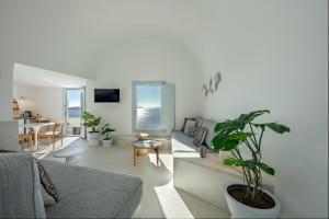 un salon avec un canapé et une table avec une plante dans l'établissement Big Blue Villa by Caldera Houses, à Oia