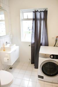 y baño con lavadora y lavamanos. en Eiðar - Apartments, en Eiðar